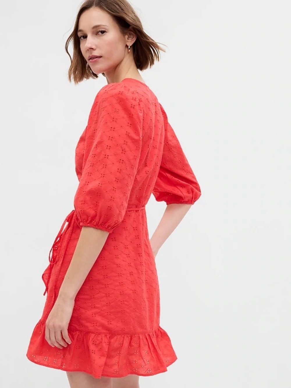 GAP Eyelet Mini Wrap Dress in Tomato Red - Picture 2 of 9